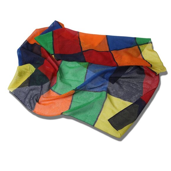 Vintage Square Colour Block Scarf Sheer Italy Tie Rack Retro Red Green Yellow - Picture 4 of 7